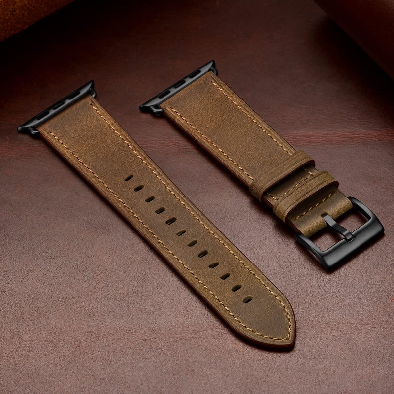 OUHENG Leather Bands Compatible with Apple Watch Band 49mm/46mm/45mm/44mm/42mm, Genuine Leather Strap for iWatch Series 11/10/9/8/7/6/5/4/3/2/1 & Ultra 3/2/1 & SE3 SE2 SE, Retro Dark Brown/Black - Image 5